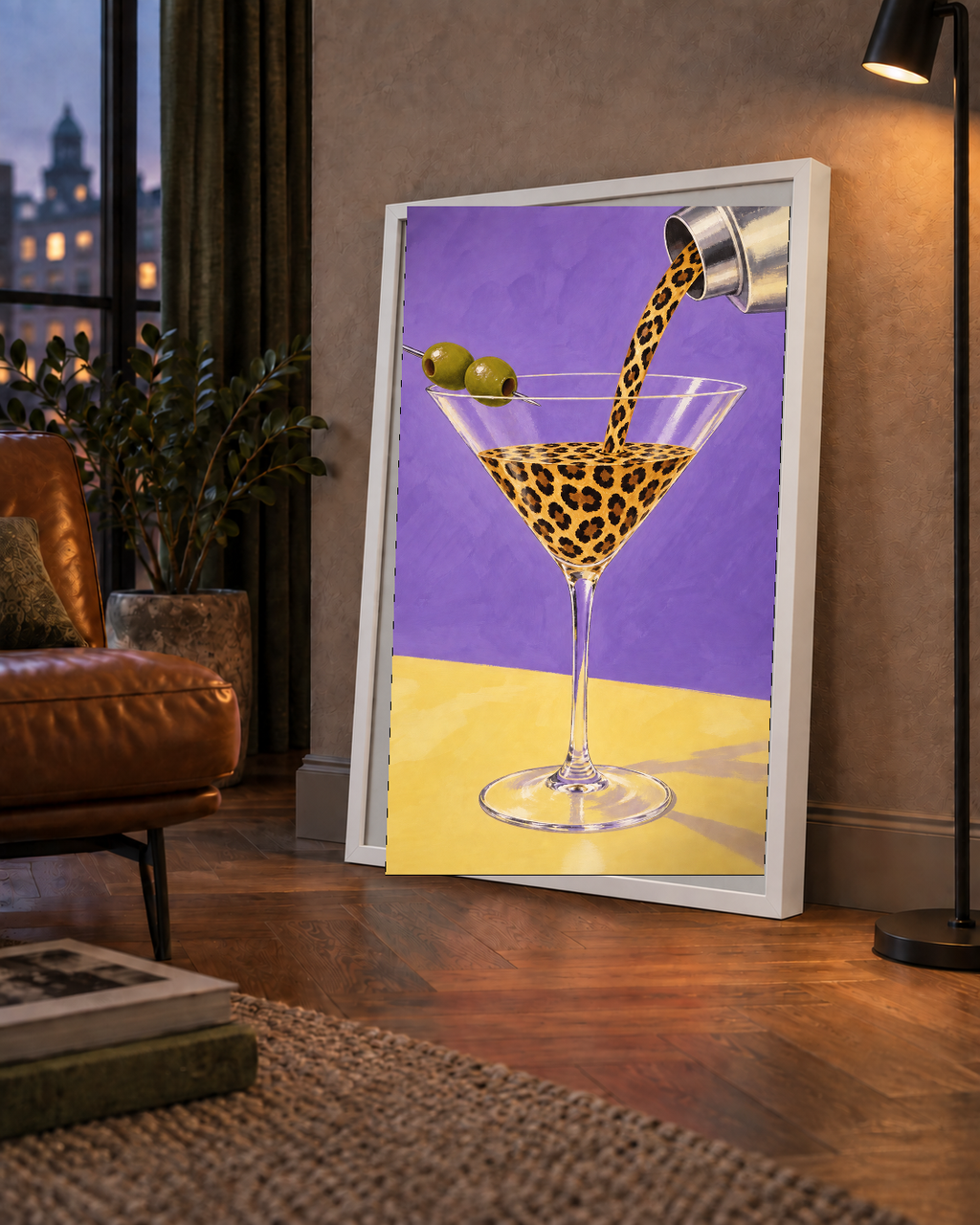 Leopar Desenli Martini Kokteyl Poster – Modern Renkli Duvar Sanatı