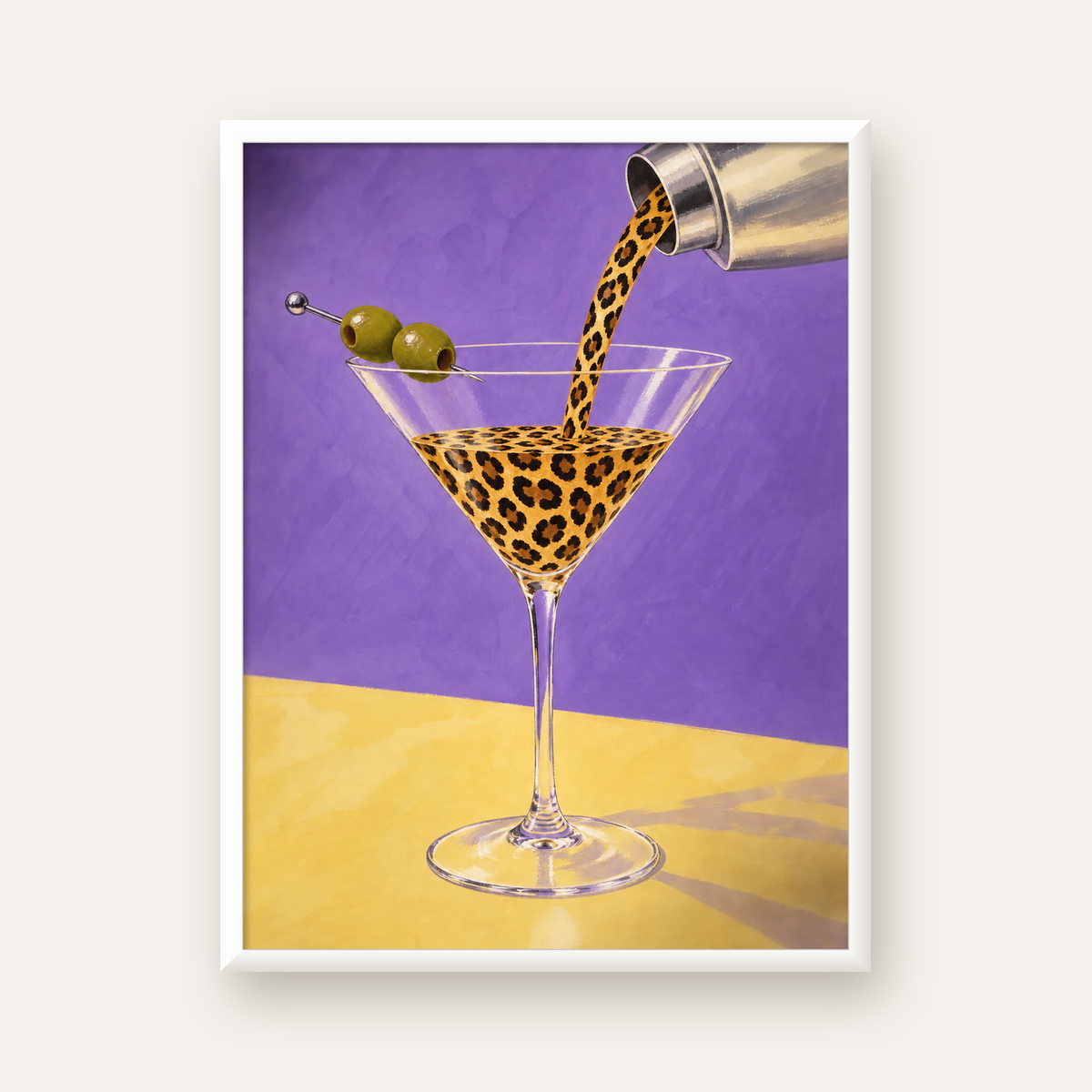 Leopar Desenli Martini Kokteyl Poster – Modern Renkli Duvar Sanatı — beyaz çerçeveli dikey poster