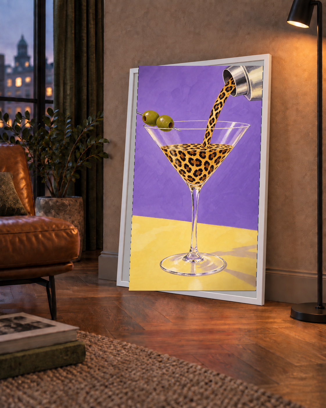 Leopar Desenli Martini Kokteyl Poster – Modern Renkli Duvar Sanatı