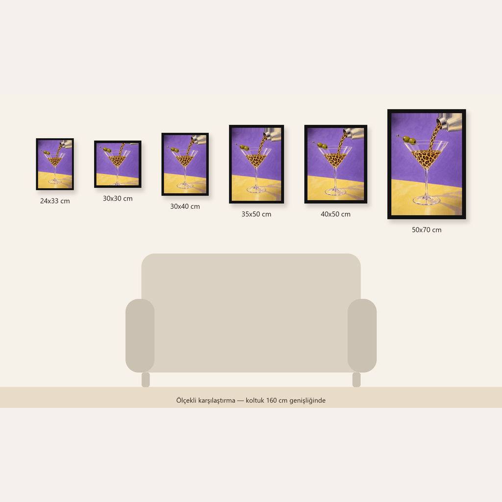 Leopar Desenli Martini Kokteyl Poster – Modern Renkli Duvar Sanatı — Dikey ölçülerinin karşılaştırması
