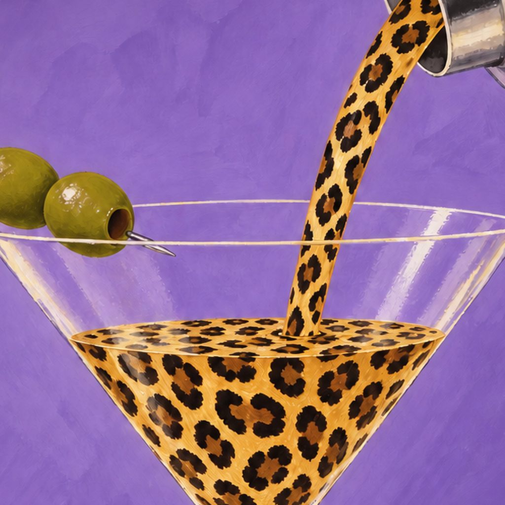 Leopar Desenli Martini Kokteyl Poster – Modern Renkli Duvar Sanatı — baskının yakın çekimi, kâğıt dokusu ve renk detayı