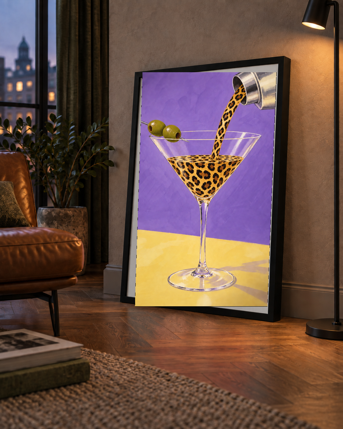 Leopar Desenli Martini Kokteyl Poster – Modern Renkli Duvar Sanatı