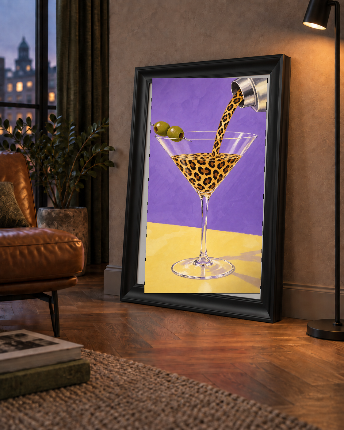 Leopar Desenli Martini Kokteyl Poster – Modern Renkli Duvar Sanatı