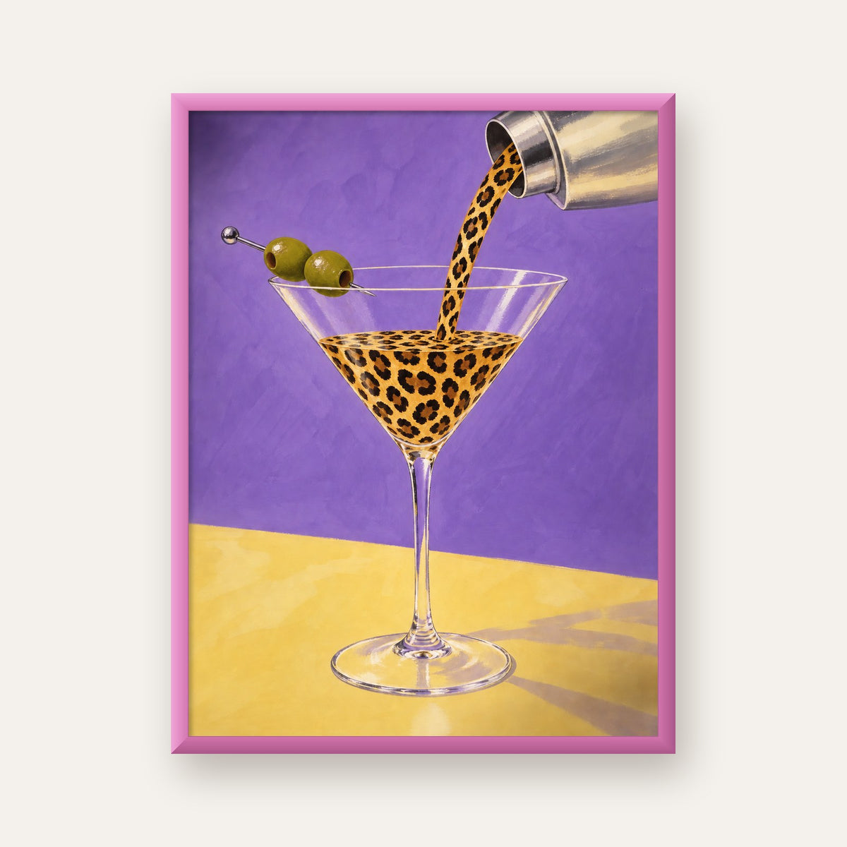 Leopar Desenli Martini Kokteyl Poster – Modern Renkli Duvar Sanatı — pembe çerçeveli