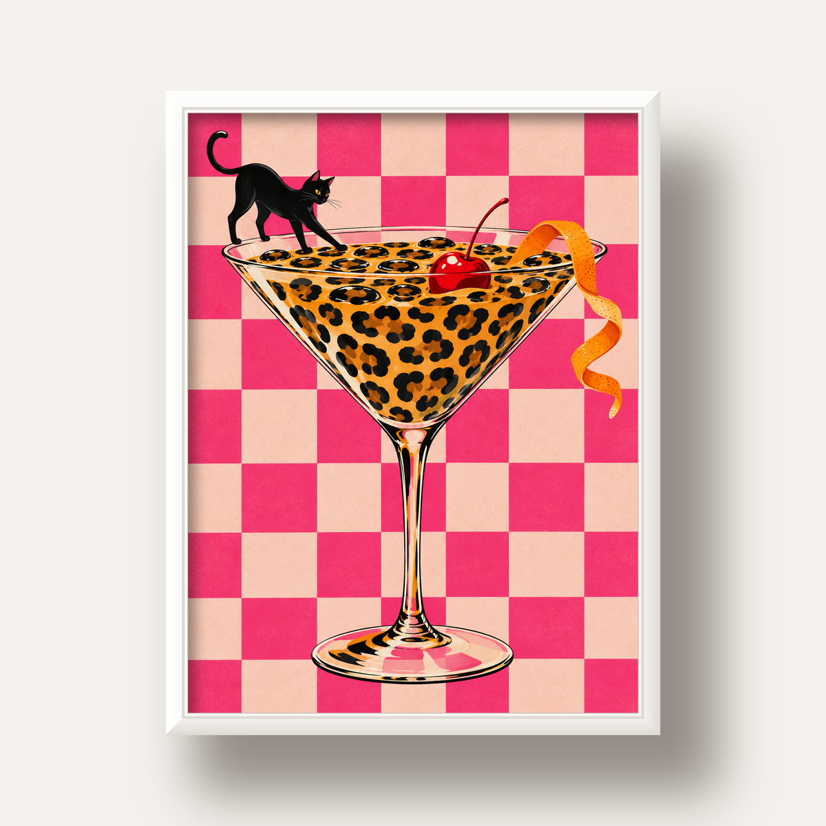 Leopar Martini ve Kara Kedi — beyaz derin çerçeveli