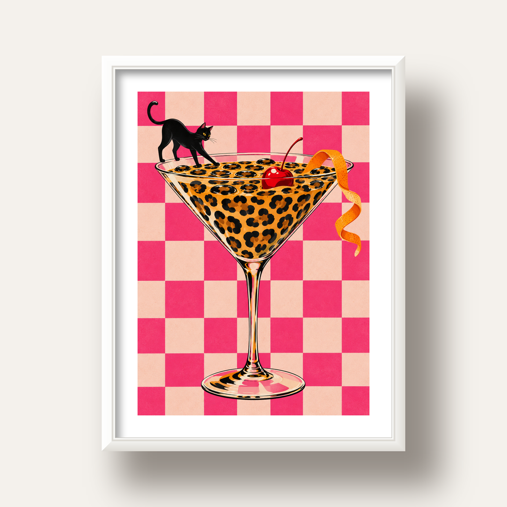 Leopar Martini ve Kara Kedi — beyaz derin çerçeveli paspartulu