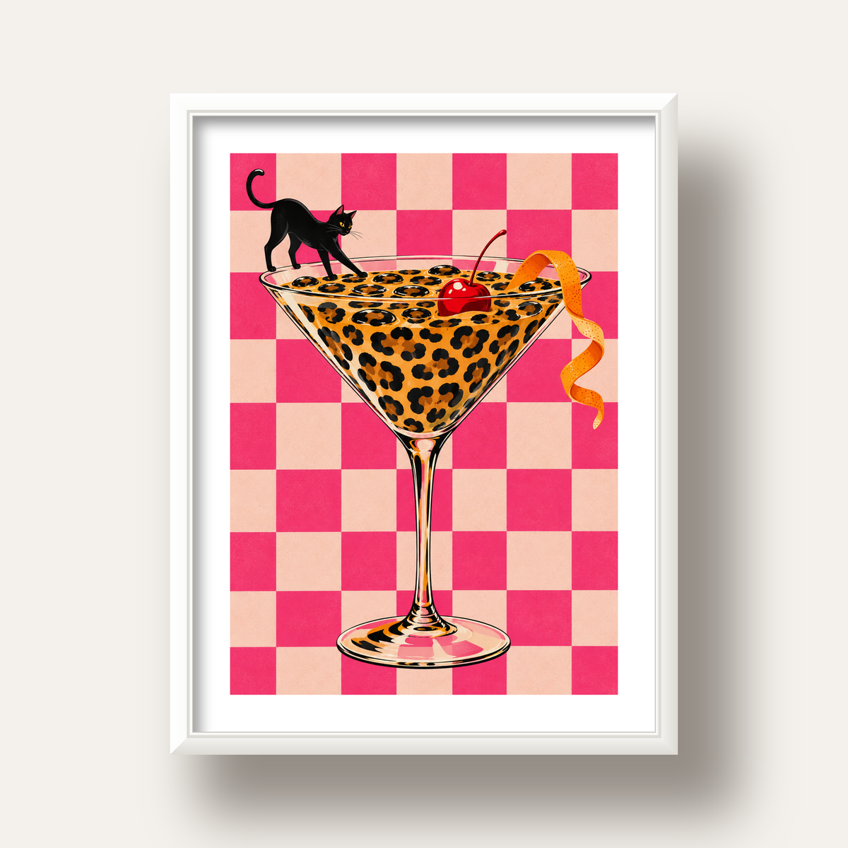 Leopar Martini ve Kara Kedi — beyaz derin çerçeveli paspartulu