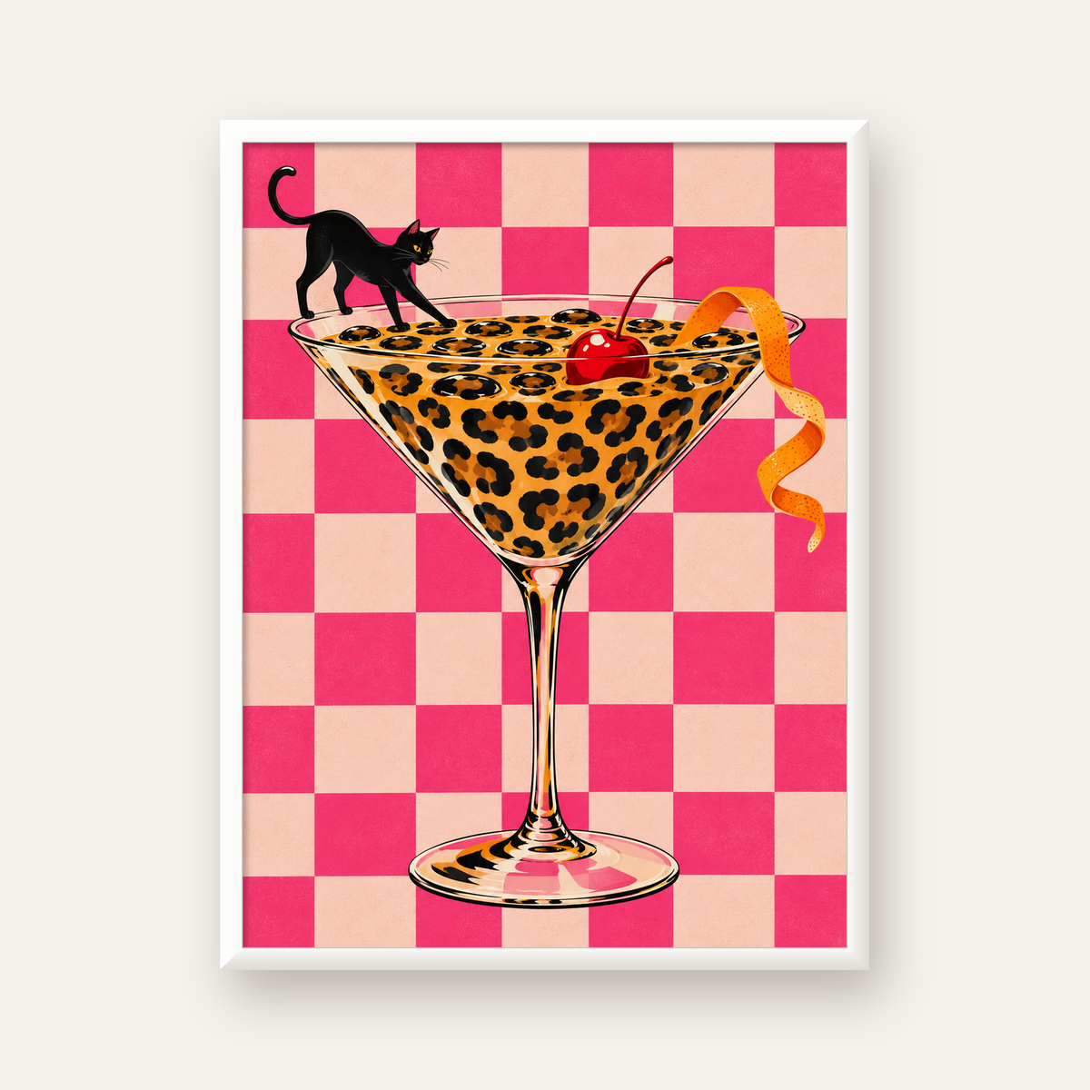 Leopar Martini ve Kara Kedi — beyaz çerçeveli dikey poster