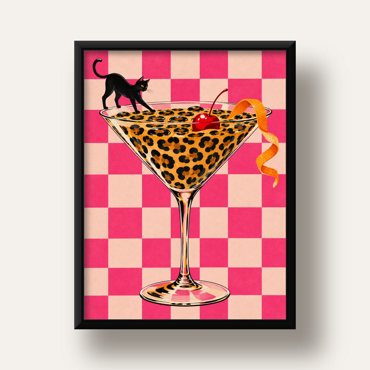 Leopar Martini ve Kara Kedi — siyah derin çerçeveli