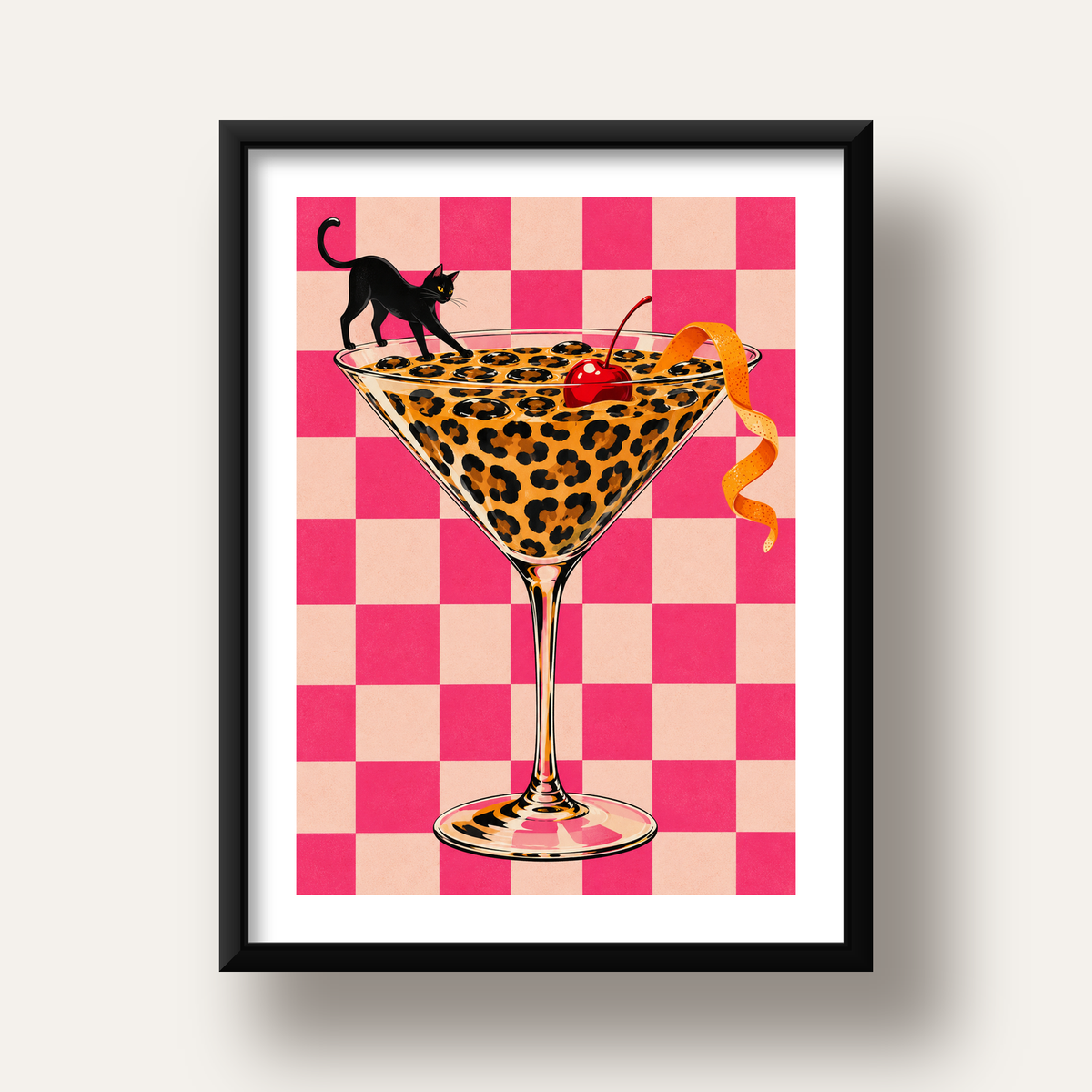 Leopar Martini ve Kara Kedi — siyah derin çerçeveli paspartulu