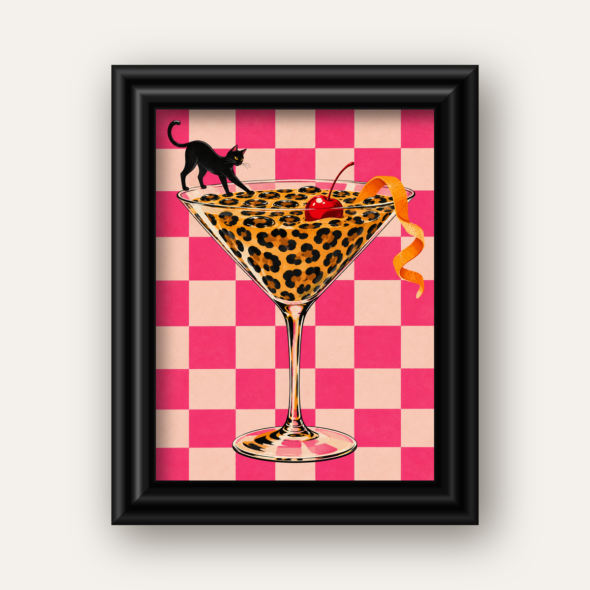 Leopar Martini ve Kara Kedi — siyah galeri çerçeveli