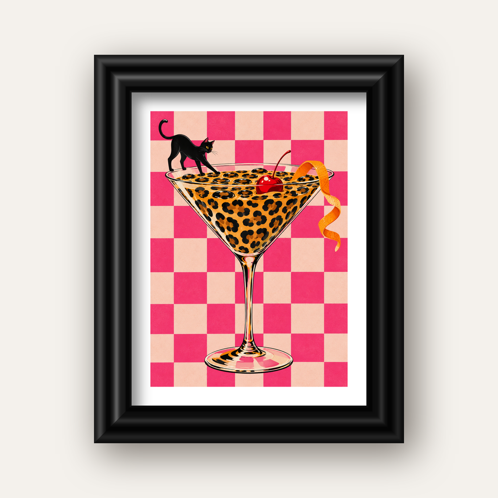 Leopar Martini ve Kara Kedi — siyah galeri çerçeveli paspartulu