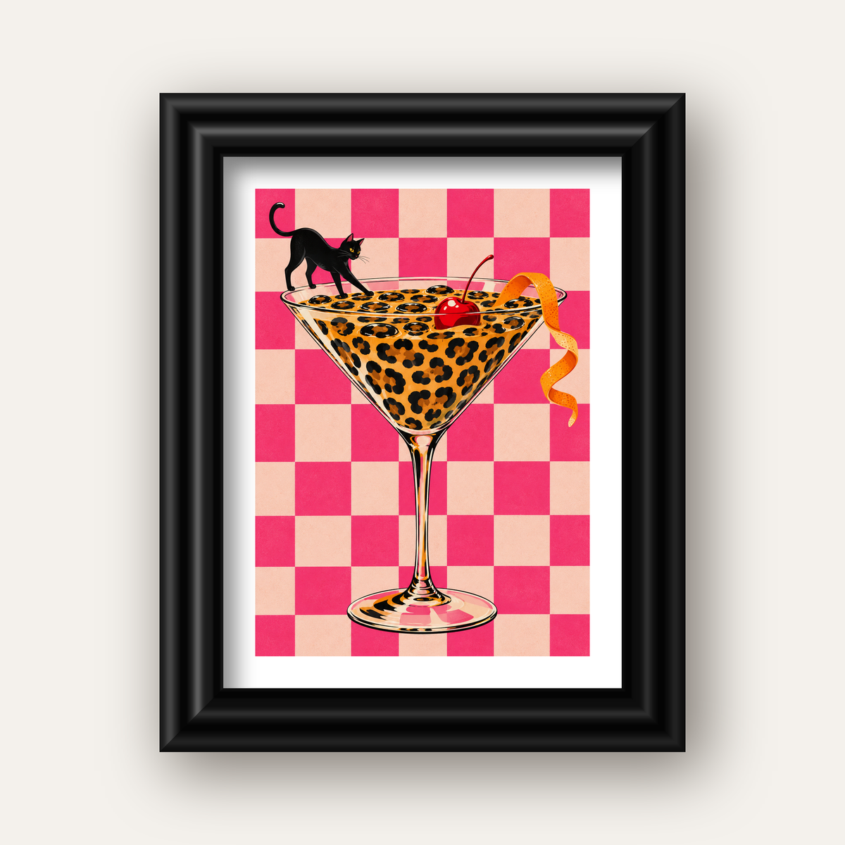 Leopar Martini ve Kara Kedi — siyah galeri çerçeveli paspartulu