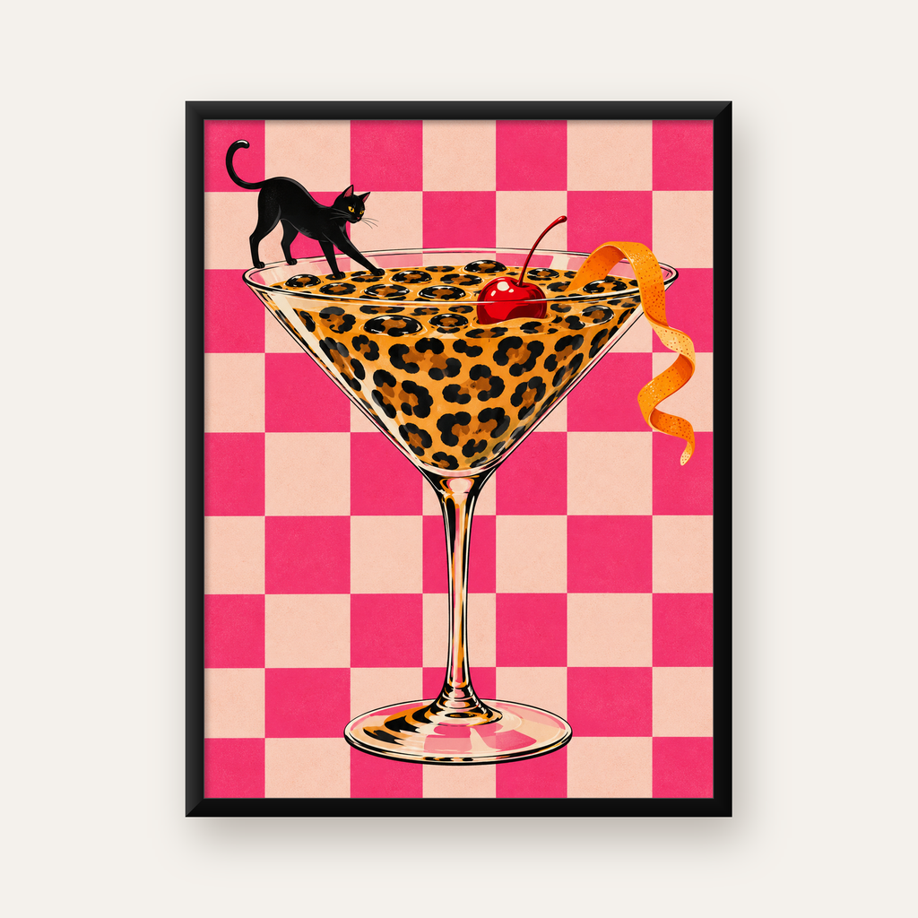 Leopar Desenli Kokteyl ve Siyah Kedi Dijital Poster — Dikey baskı, düz siyah çerçeveli duvar posteri
