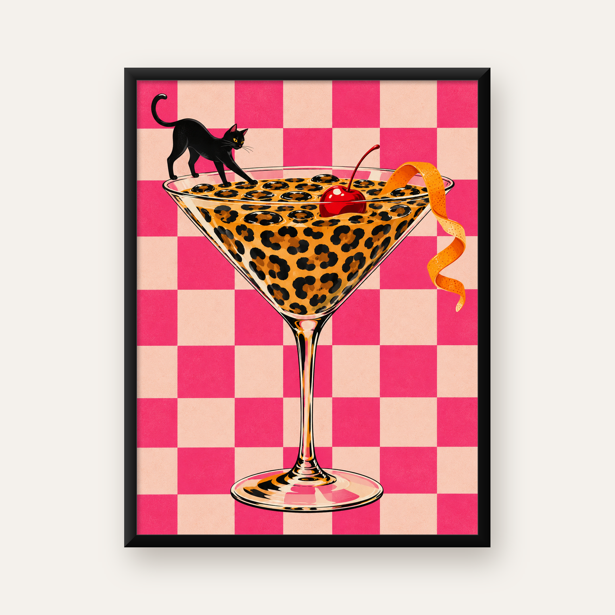 Leopar Desenli Kokteyl ve Siyah Kedi Dijital Poster — Dikey baskı, düz siyah çerçeveli duvar posteri