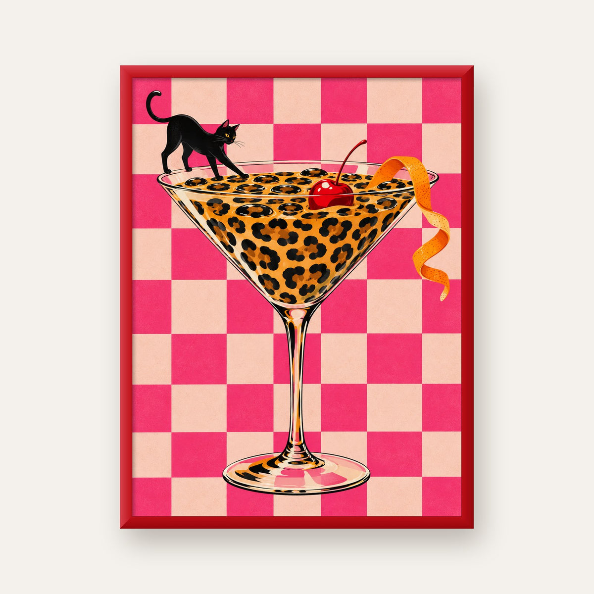 Leopar Martini ve Kara Kedi — kırmızı çerçeveli