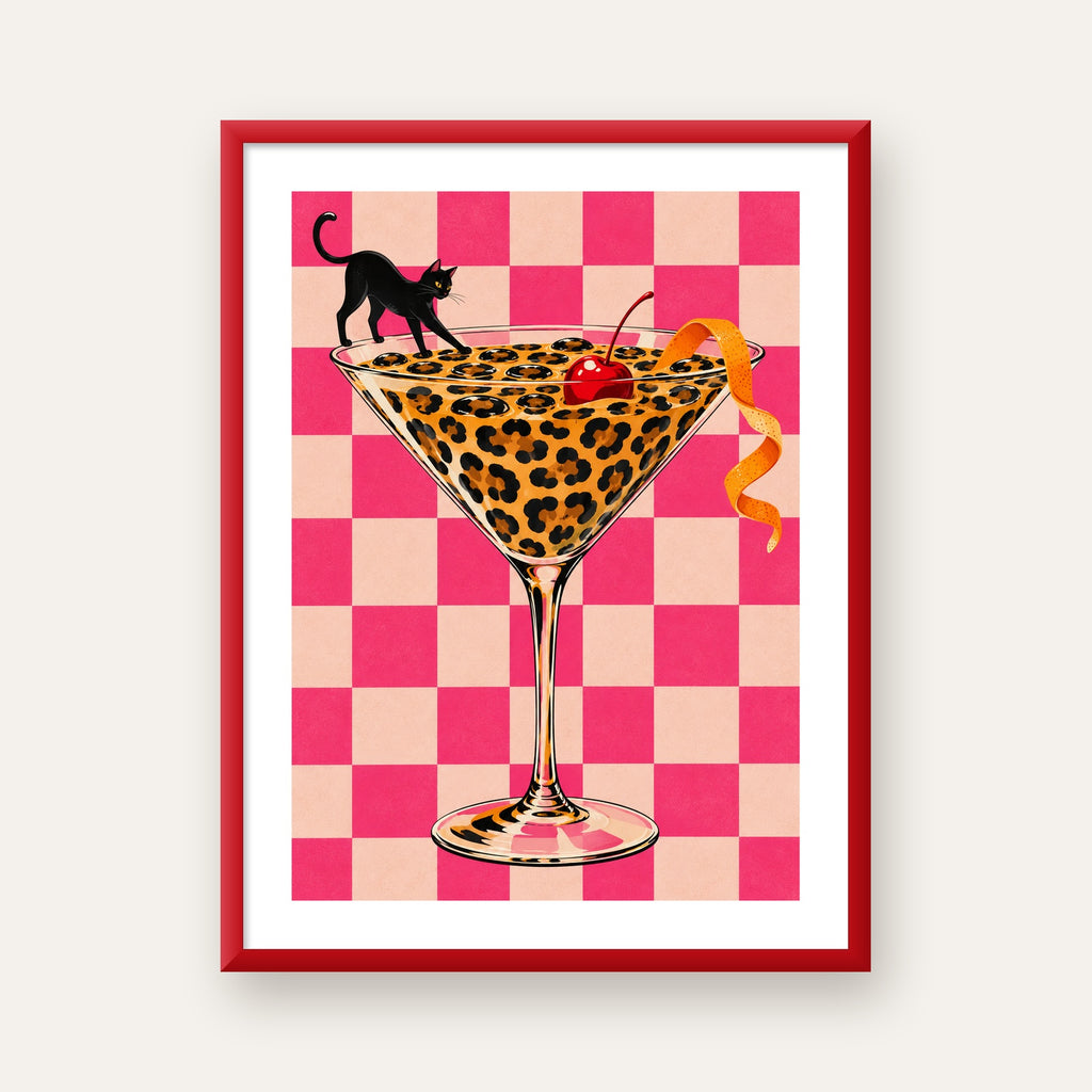 Leopar Martini ve Kara Kedi — kırmızı çerçeveli paspartulu