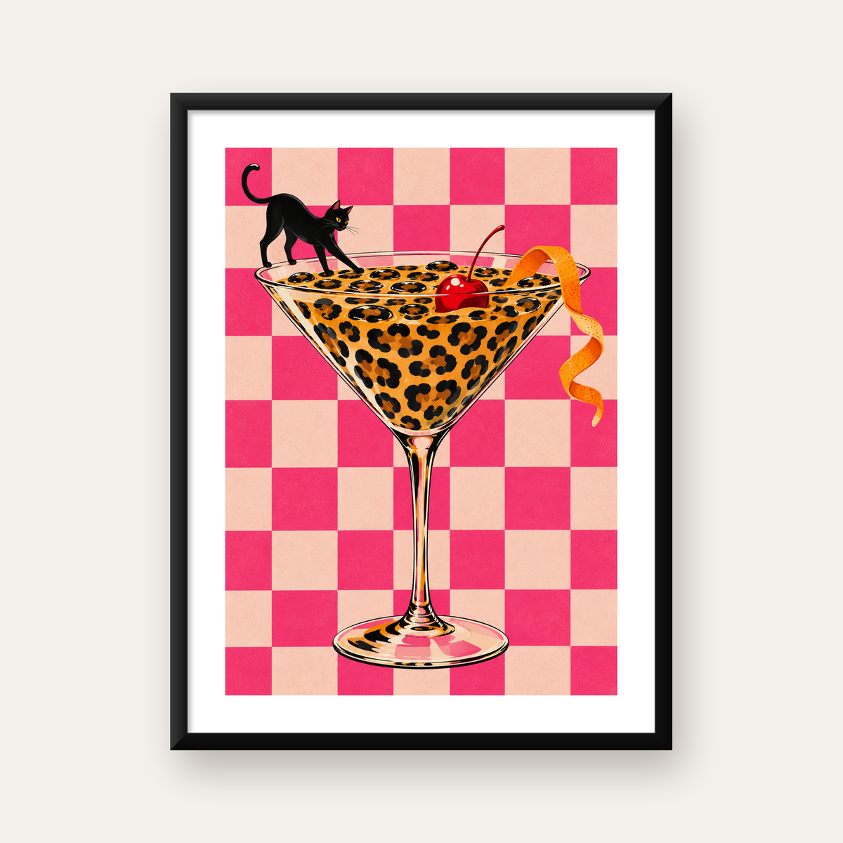 Leopar Desenli Kokteyl ve Siyah Kedi Dijital Poster — Dikey baskı, beyaz kenar boşluklu