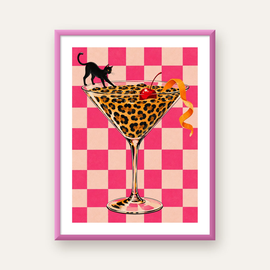 Leopar Martini ve Kara Kedi — pembe çerçeveli paspartulu