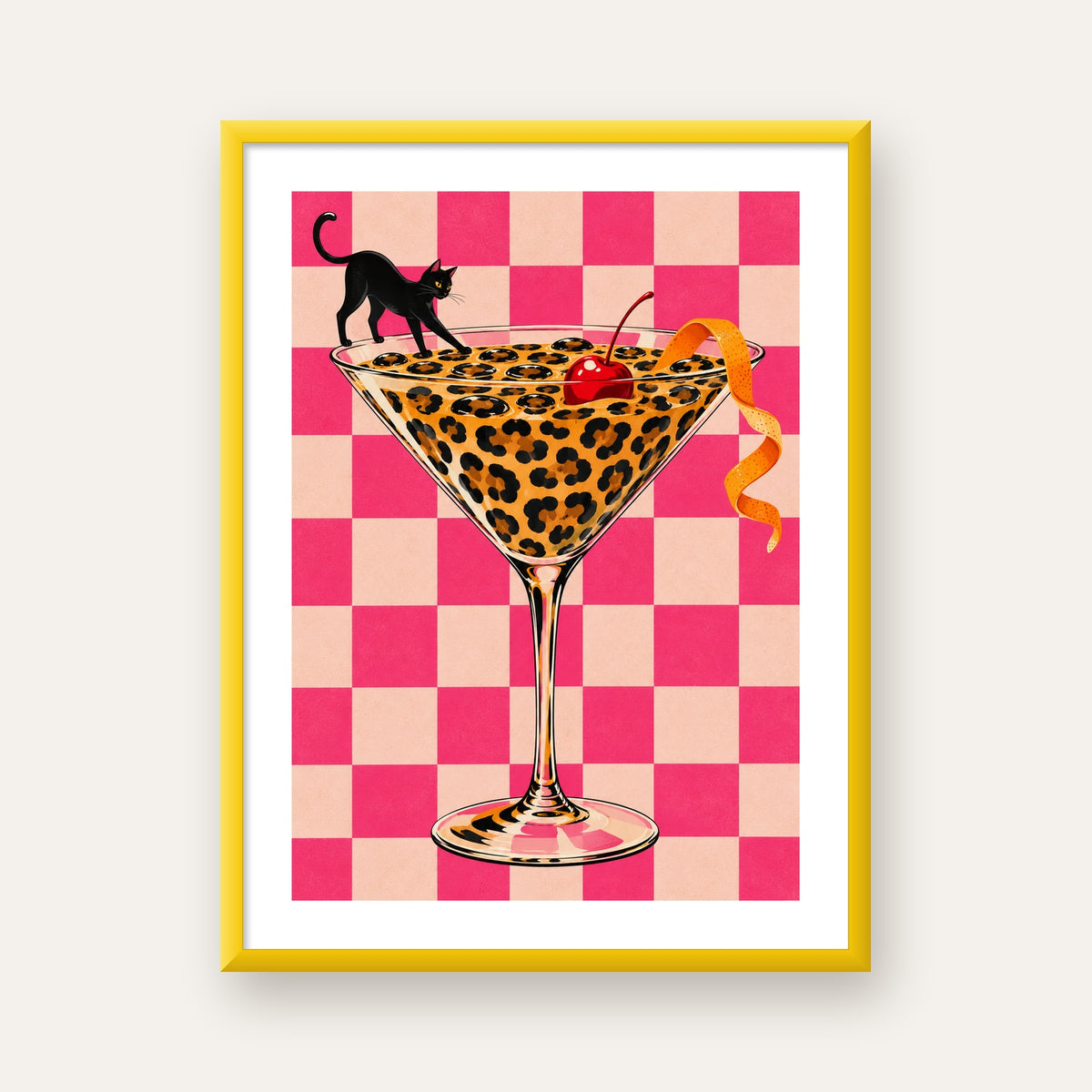 Leopar Martini ve Kara Kedi — sarı çerçeveli paspartulu