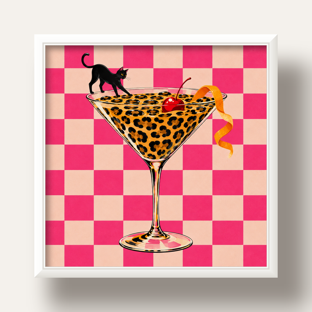 Leopar Martini ve Kara Kedi — beyaz derin çerçeveli