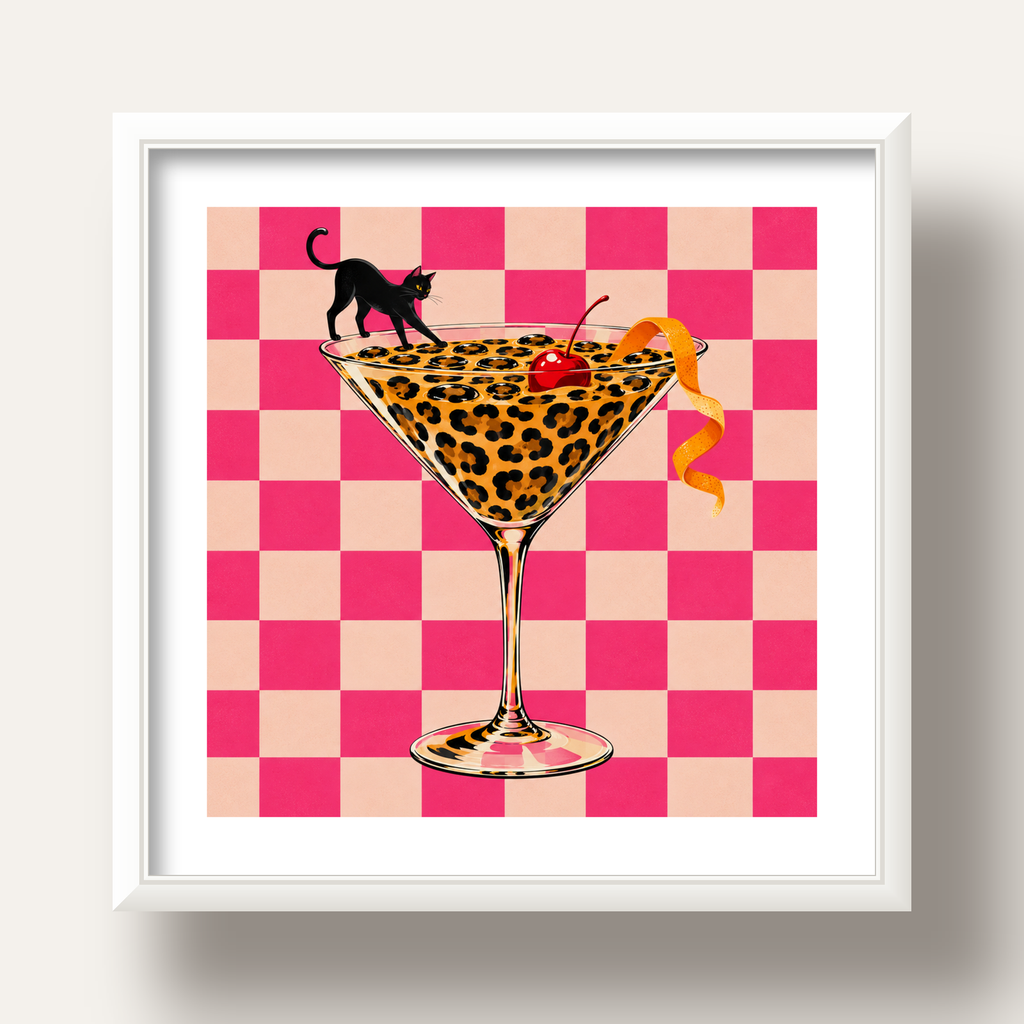 Leopar Martini ve Kara Kedi — beyaz derin çerçeveli paspartulu