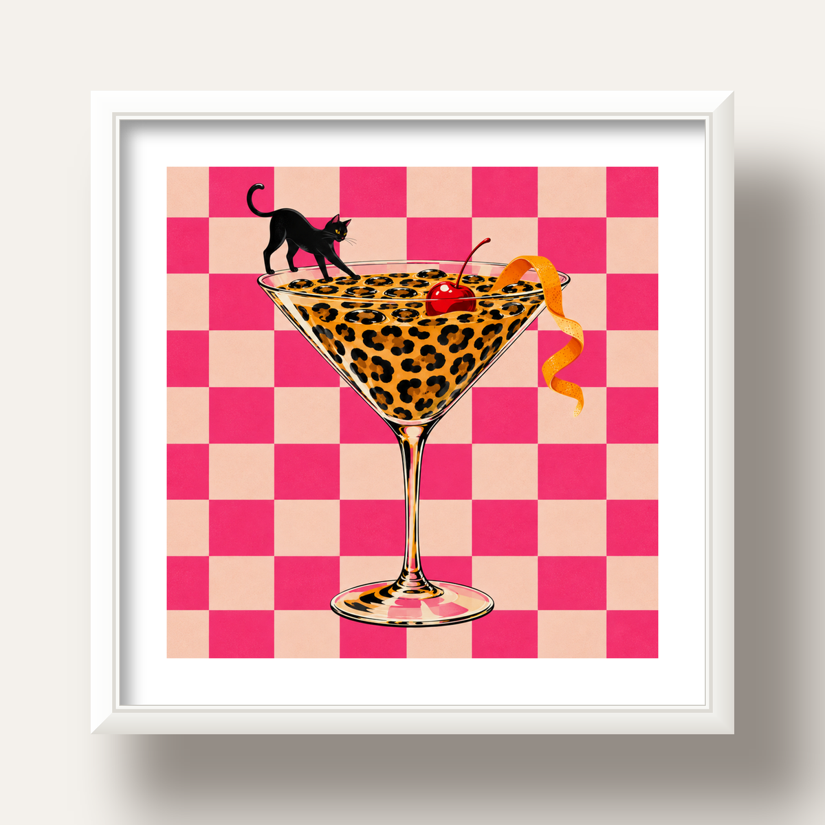 Leopar Martini ve Kara Kedi — beyaz derin çerçeveli paspartulu