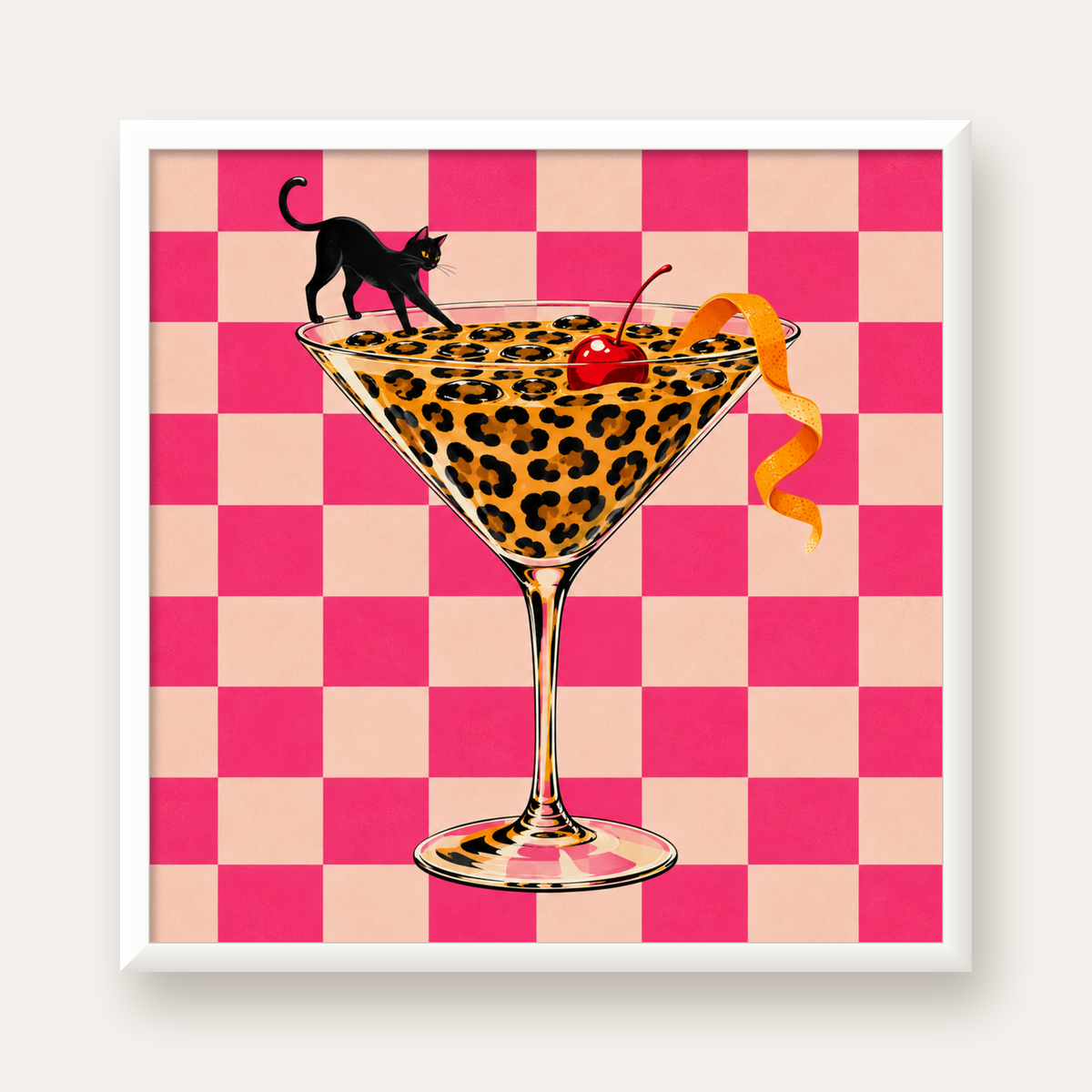 Leopar Martini ve Kara Kedi — beyaz çerçeveli kare poster