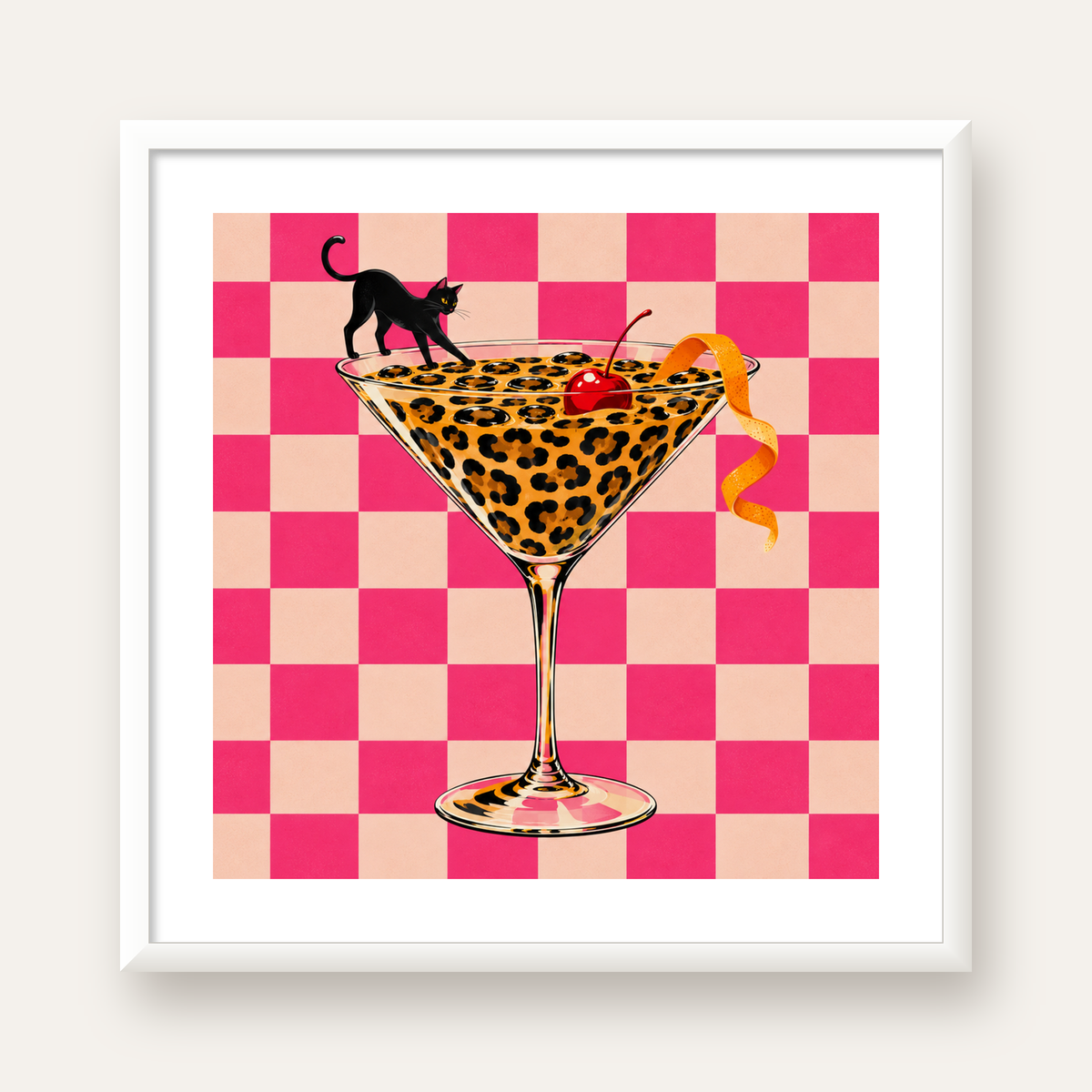 Leopar Martini ve Kara Kedi — beyaz çerçeveli kare poster