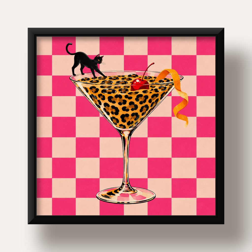 Leopar Martini ve Kara Kedi — siyah derin çerçeveli