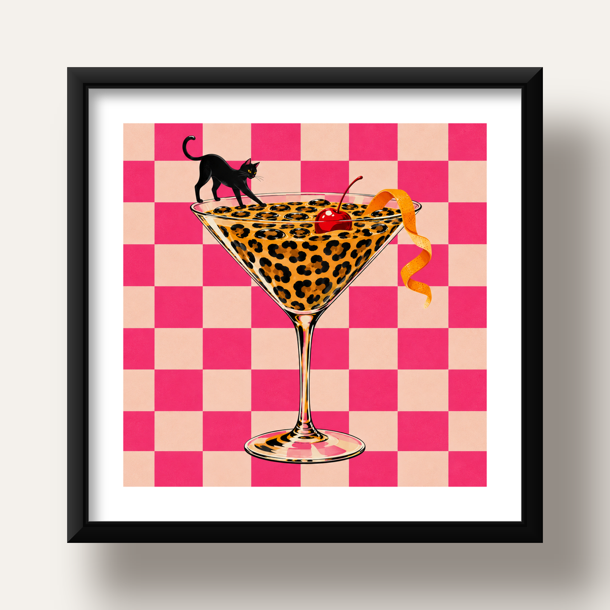 Leopar Martini ve Kara Kedi — siyah derin çerçeveli paspartulu