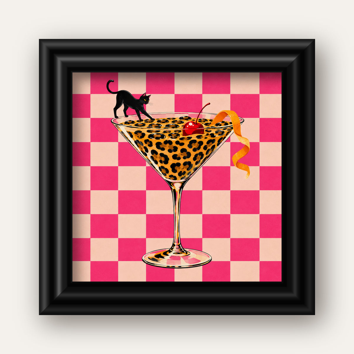 Leopar Martini ve Kara Kedi — siyah galeri çerçeveli