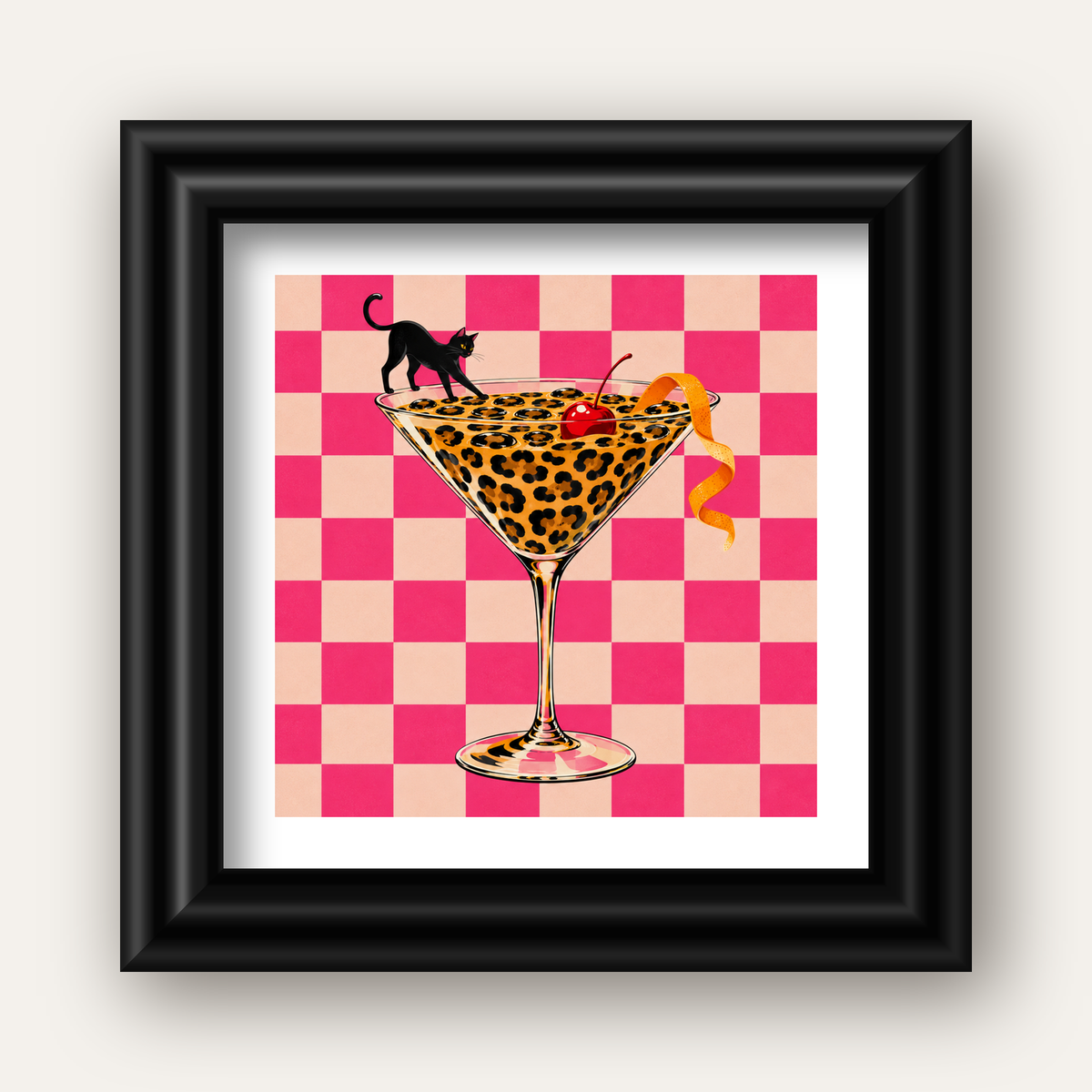 Leopar Martini ve Kara Kedi — siyah galeri çerçeveli paspartulu