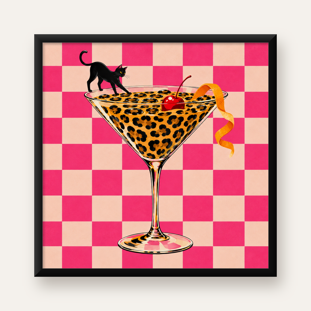 Leopar Desenli Kokteyl ve Siyah Kedi Dijital Poster — Kare baskı, düz siyah çerçeveli duvar posteri