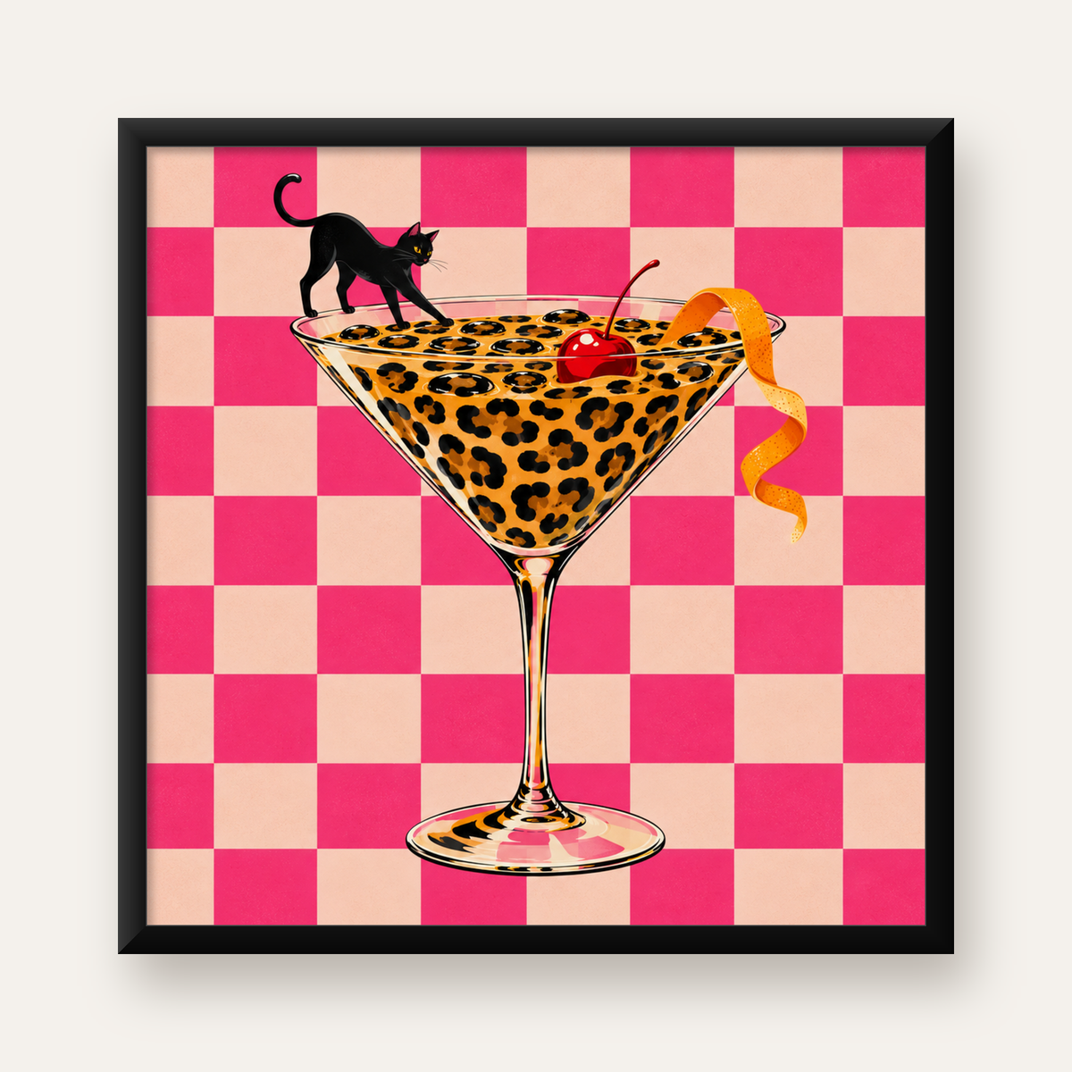 Leopar Desenli Kokteyl ve Siyah Kedi Dijital Poster — Kare baskı, düz siyah çerçeveli duvar posteri