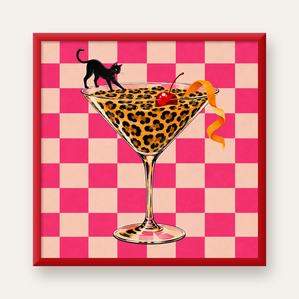Leopar Martini ve Kara Kedi — kırmızı çerçeveli