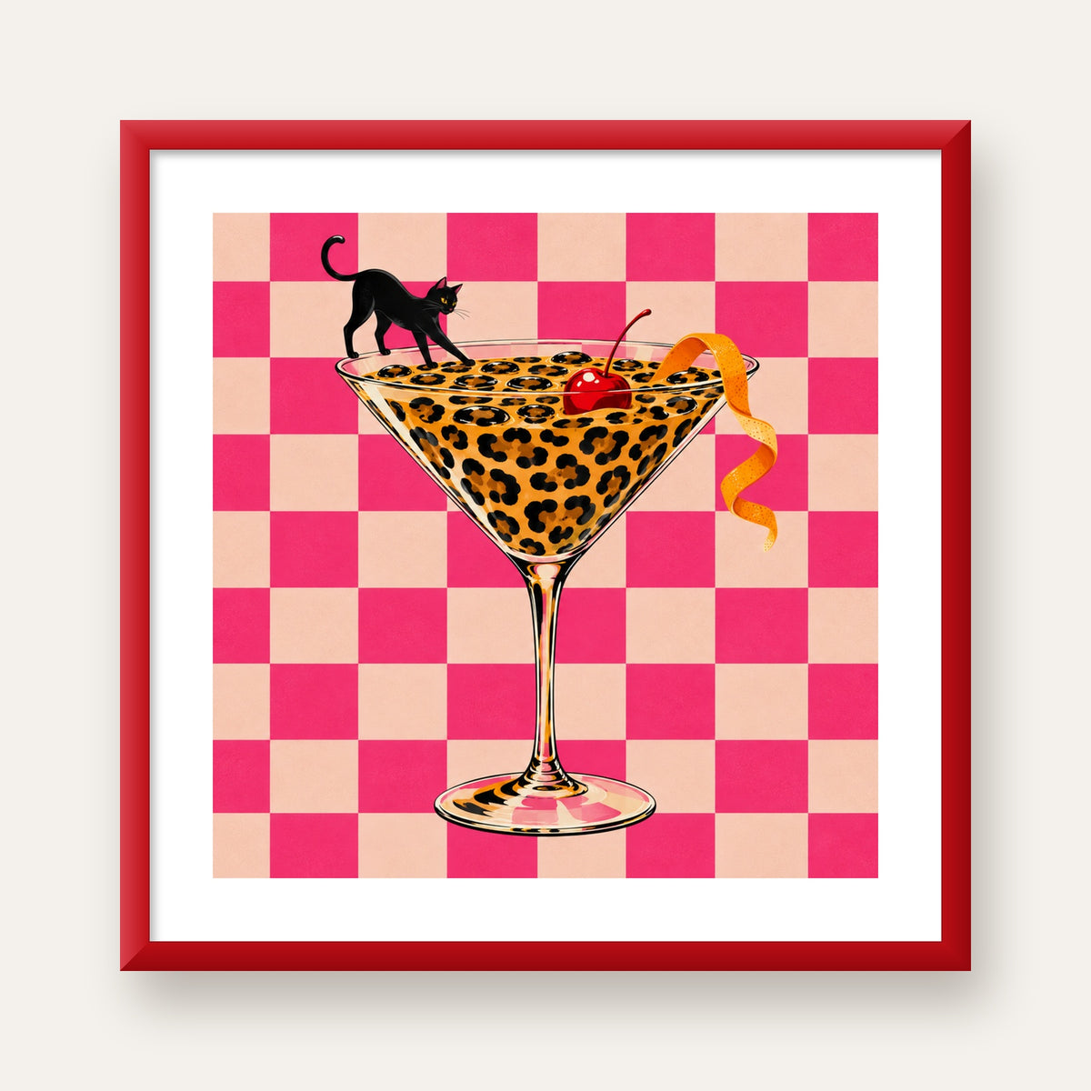 Leopar Martini ve Kara Kedi — kırmızı çerçeveli paspartulu