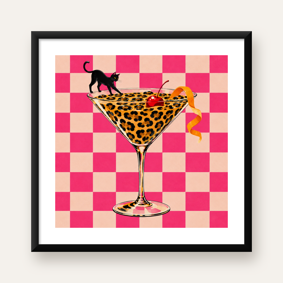 Leopar Desenli Kokteyl ve Siyah Kedi Dijital Poster — Kare baskı, beyaz kenar boşluklu