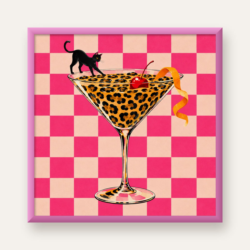 Leopar Martini ve Kara Kedi — pembe çerçeveli