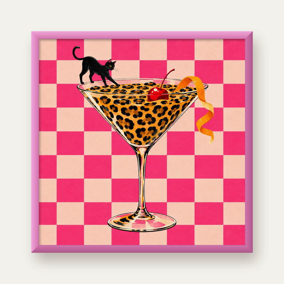 Leopar Martini ve Kara Kedi — pembe çerçeveli