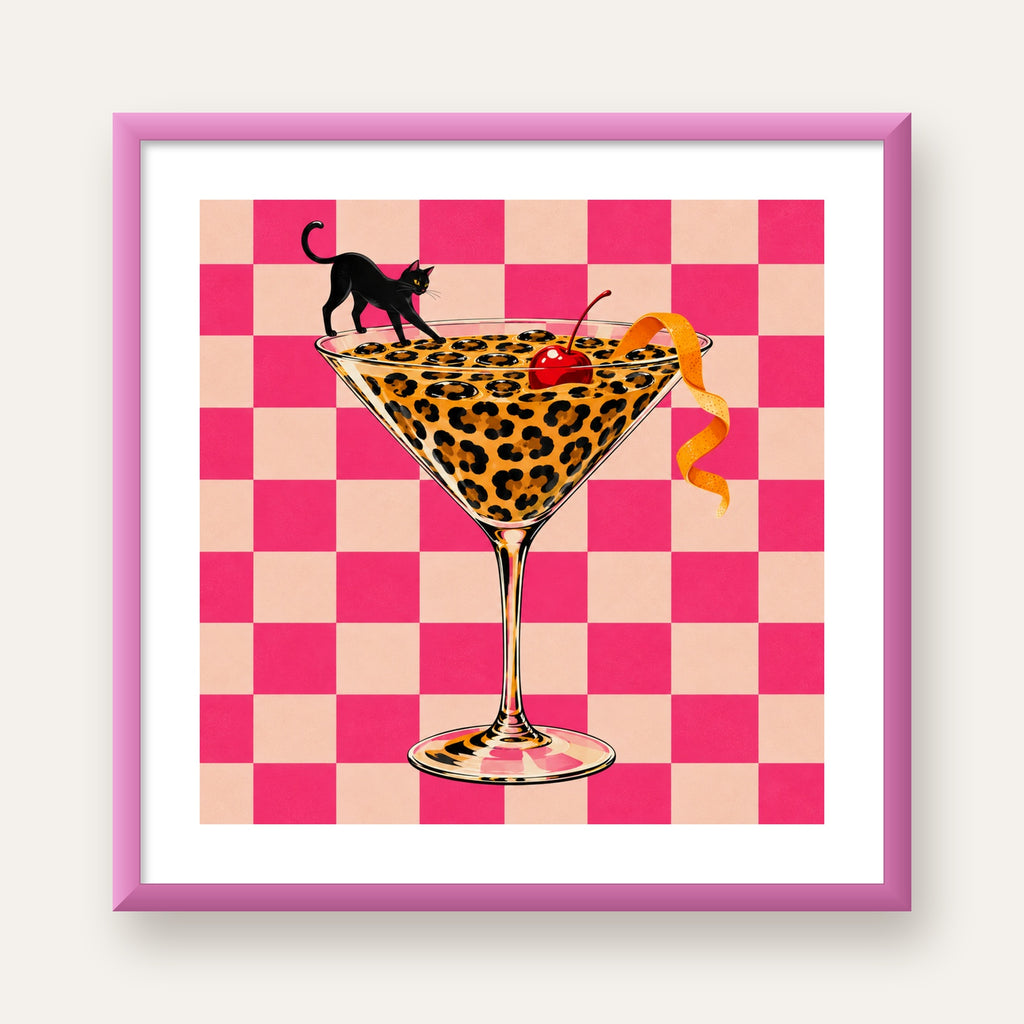 Leopar Martini ve Kara Kedi — pembe çerçeveli paspartulu