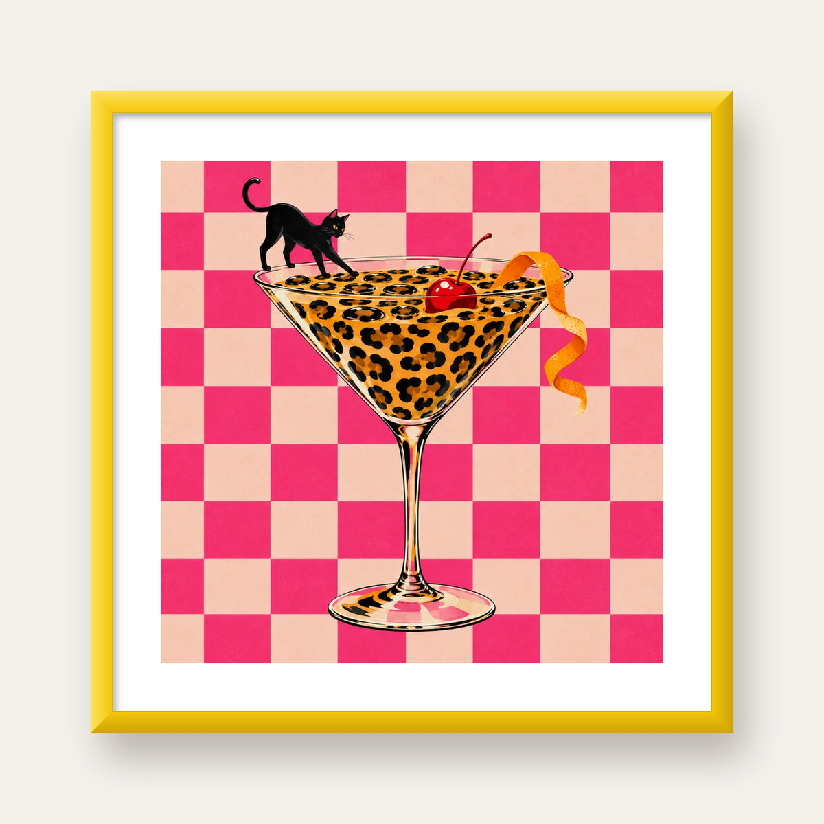 Leopar Martini ve Kara Kedi — sarı çerçeveli paspartulu