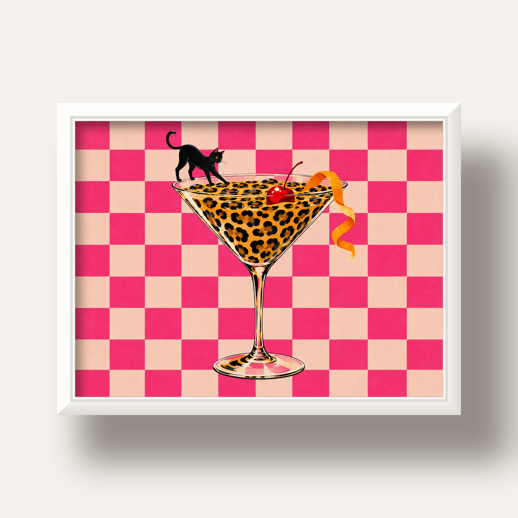 Leopar Martini ve Kara Kedi — beyaz derin çerçeveli