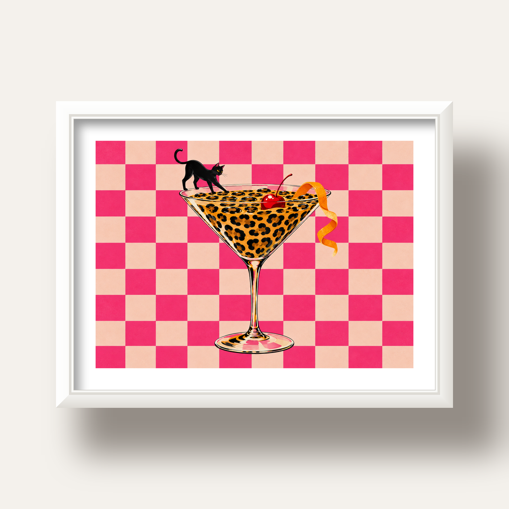 Leopar Martini ve Kara Kedi — beyaz derin çerçeveli paspartulu