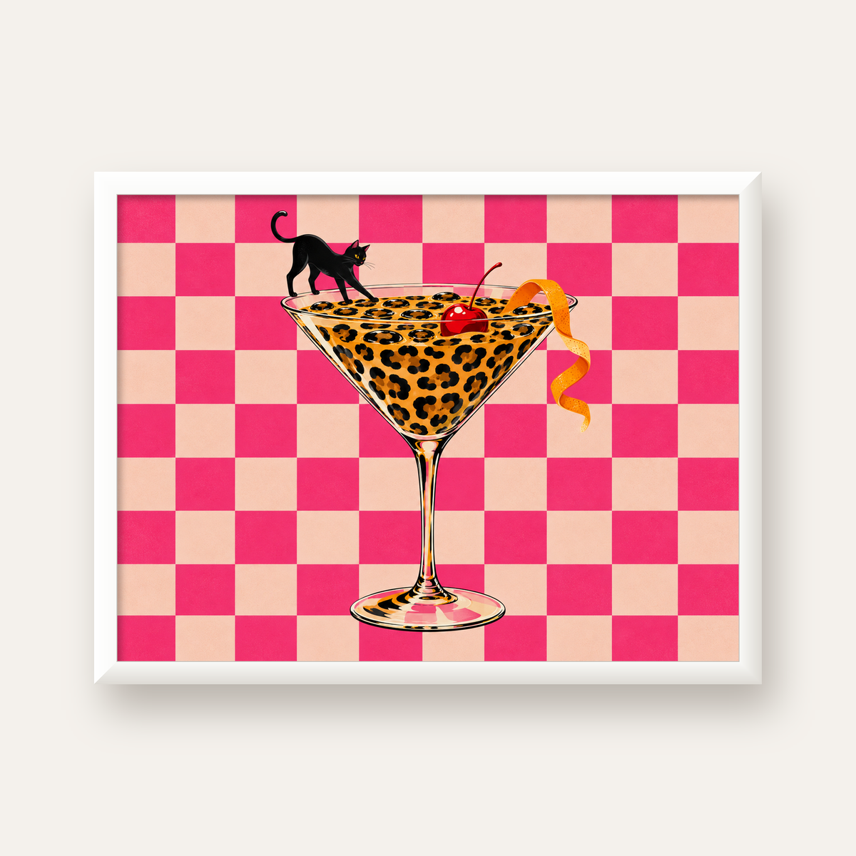 Leopar Martini ve Kara Kedi — beyaz çerçeveli yatay poster
