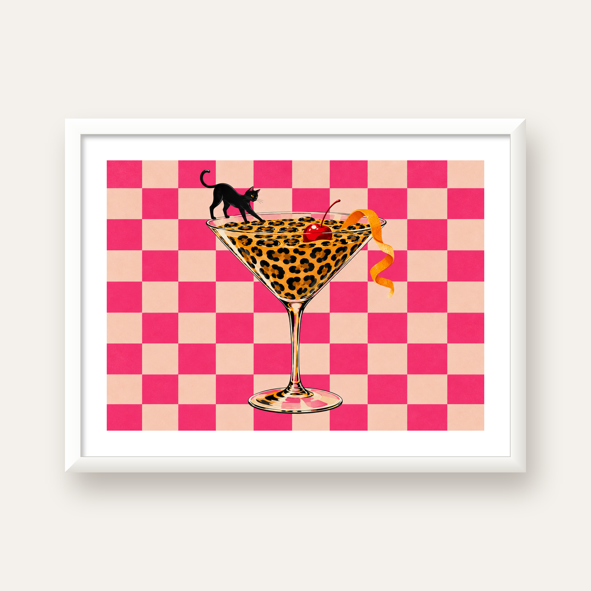 Leopar Martini ve Kara Kedi — beyaz çerçeveli yatay poster