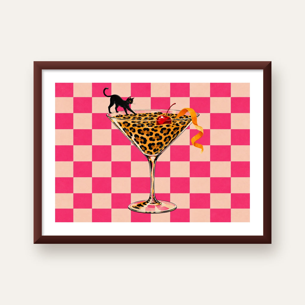 Leopar Martini ve Kara Kedi — ceviz çerçeveli paspartulu