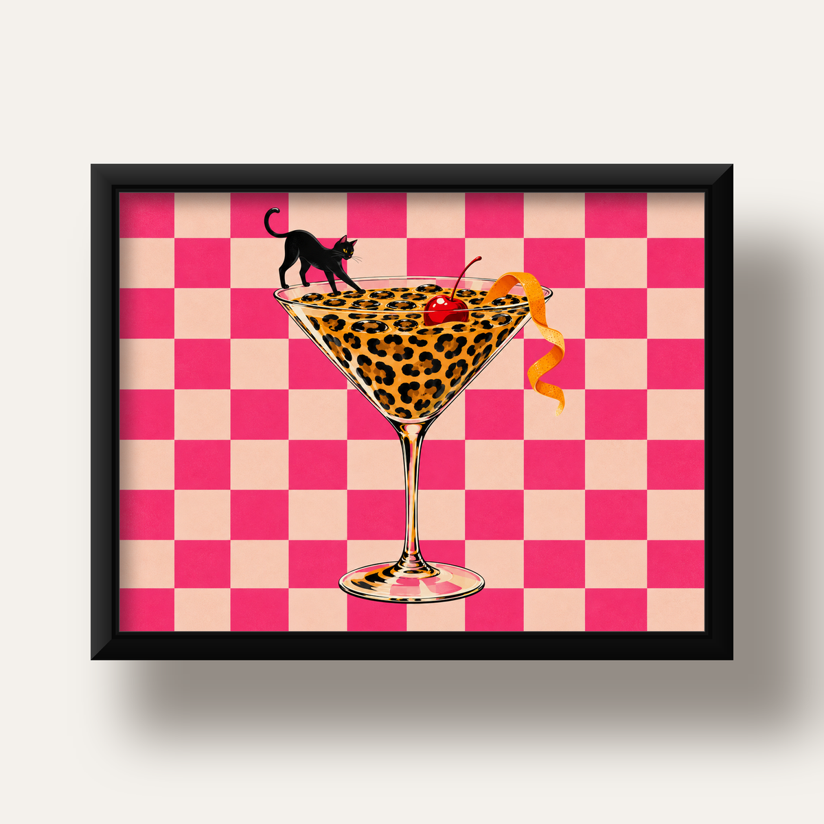 Leopar Martini ve Kara Kedi — siyah derin çerçeveli