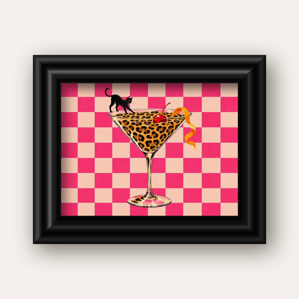 Leopar Martini ve Kara Kedi — siyah galeri çerçeveli