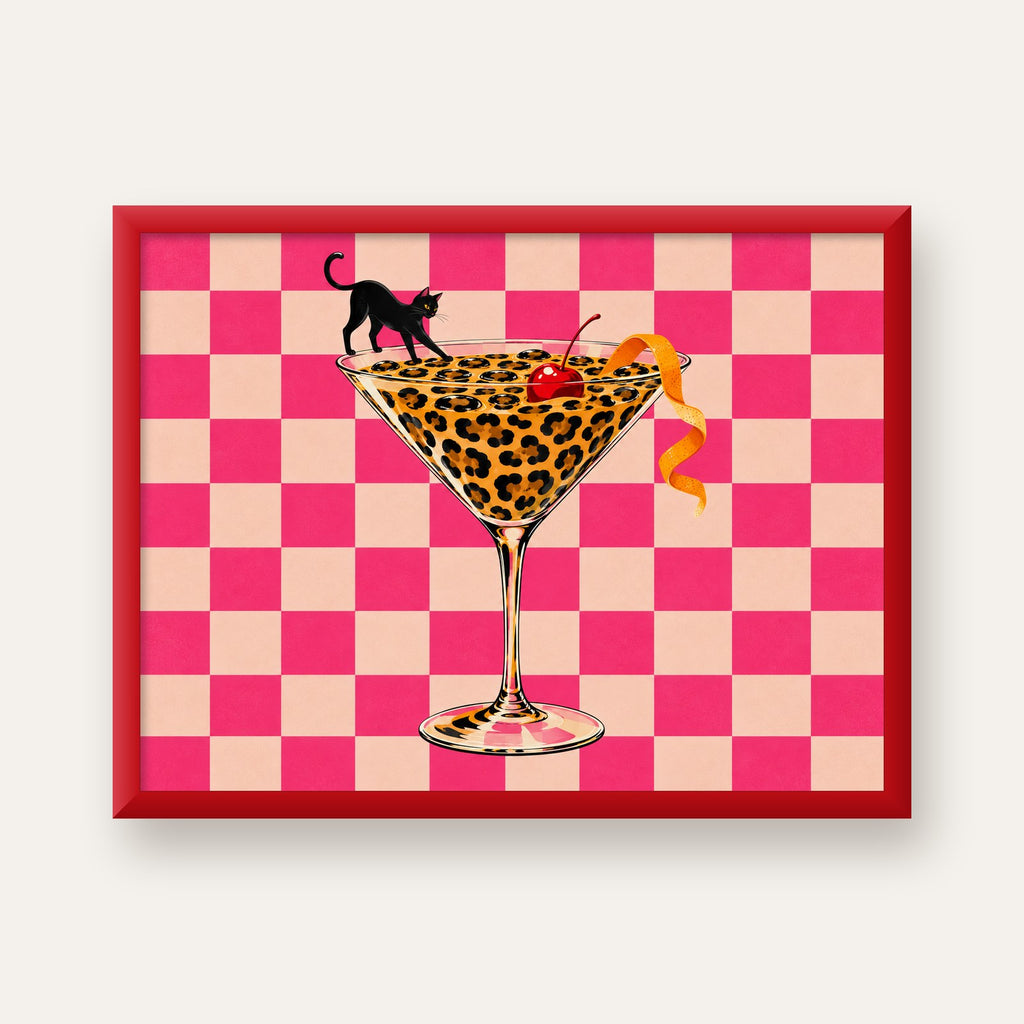 Leopar Martini ve Kara Kedi — kırmızı çerçeveli